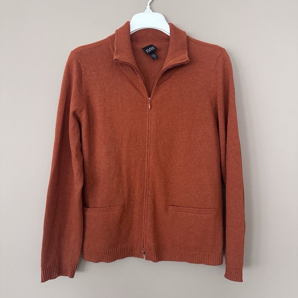 Eileen Fisher Women M Wool Angora Cashmere Zip Sweater Jacket Burnt Orange